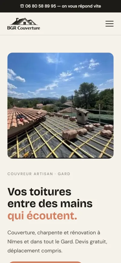 Le site de BGR Couverture, couvreur à Nîmes, sur téléphone