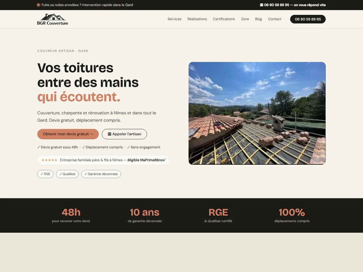 Page d'accueil du site de BGR Couverture & Construction, couvreur à Nîmes